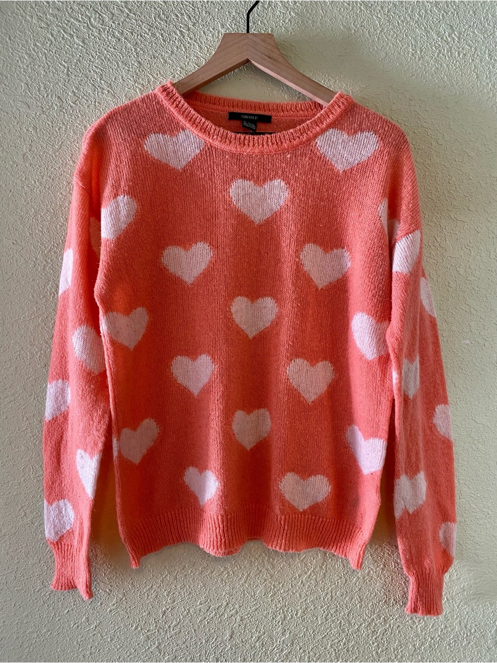 Forever 21 Coral Wool Blend Sweater with White Heart Print